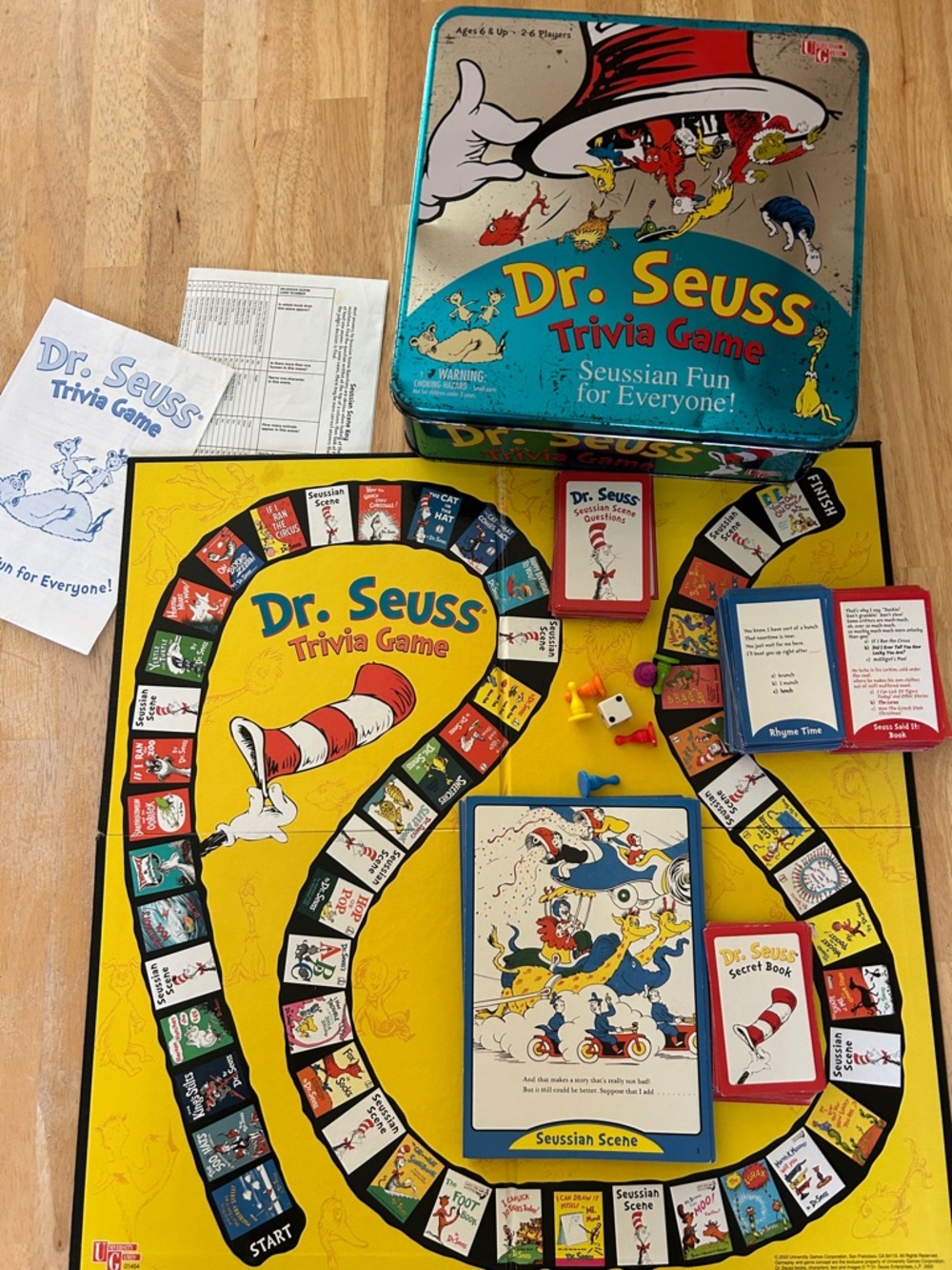 VINTAGE Dr. Seuss Trivia Game - Yellow, Red, Blue Board Game in a tin.